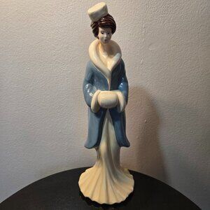 Vintage Hand Painted Ceramic Woman Figurine, Winter Coat, 1994